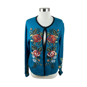 Tey-Art Peru Alpaca Floral Embroidered Cardigan Sweater Size Medium